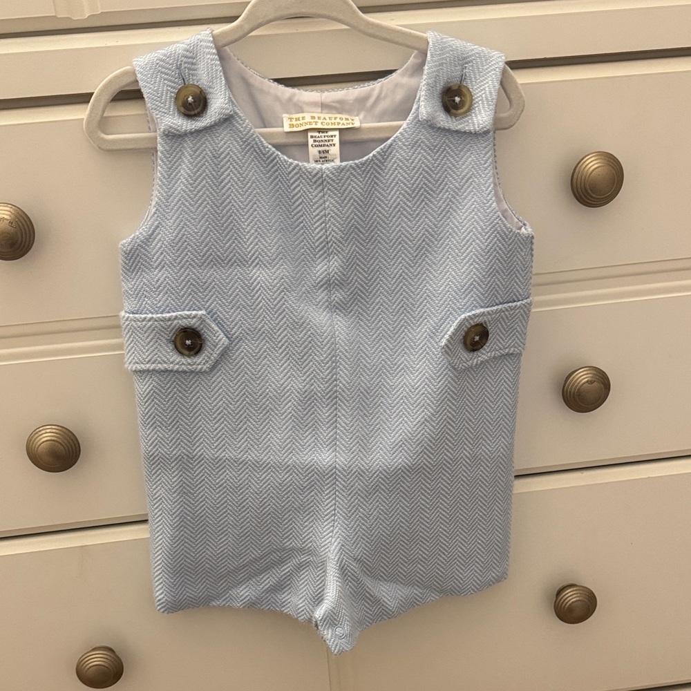 The Beaufort Bonnet Company Light Blue Herringbone Playsuit